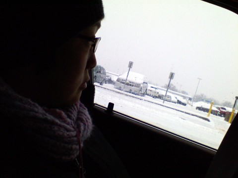 Winter scene, looking out a car window